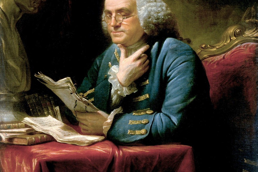 Benjamin Franklin studying — portrait painting